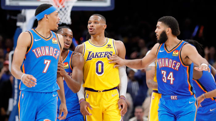 Russell Westbrook confronts Darius Bazley after a late dunk